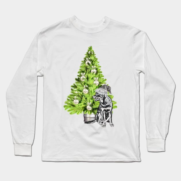 Rottweiler Christmas scene with Christmas tree and Santa hat Long Sleeve T-Shirt by NikkiBear67